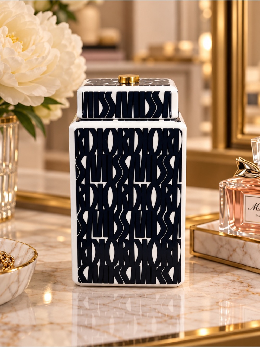 Dior 2024 VIP Miss Dior Porcelain Tea Jar Navy White Gold Lidded China Canister